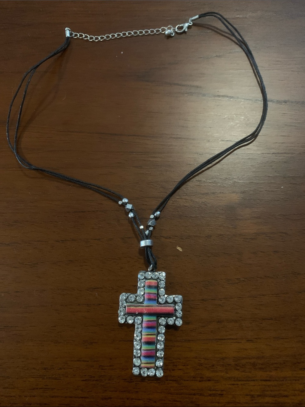 Rhinestone Cross Pendant Necklace with Multicolor Inlay